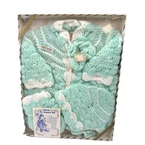 Vintage Infant 3 PC Bootie Set Blue Handmade Sweater Bonnet Booties JC Penny's